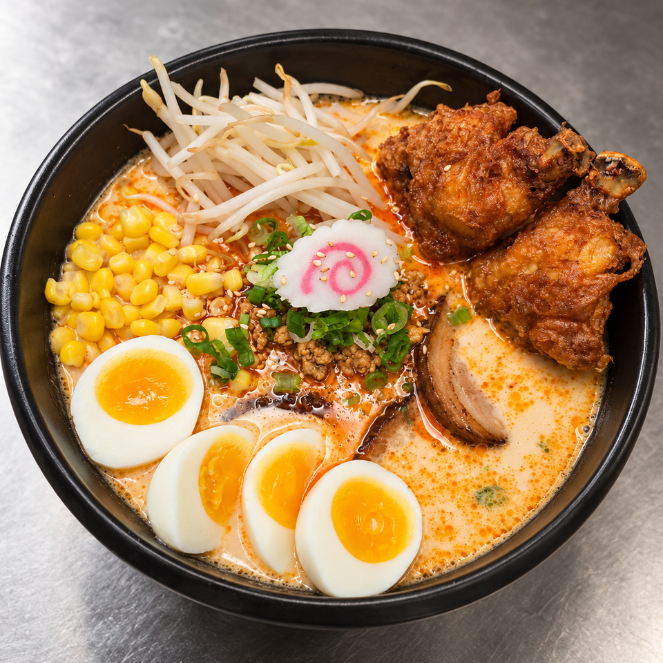 Bowl of creamy spicy ramen topped with fried chicken, soft-boiled eggs, corn, bean sprouts, pork, scallions, and fish cake.