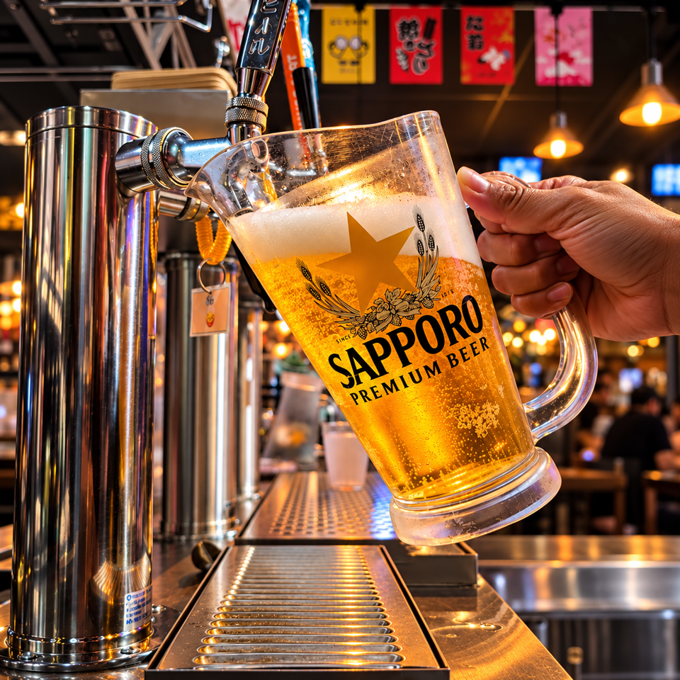 Hand pours foamy Sapporo Premium Beer into a tilted branded glass at a warmly lit bar.