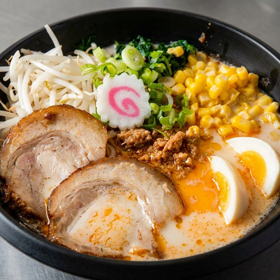 Bowl of creamy ramen topped with sliced pork, soft-boiled egg, corn, bean sprouts, green onions, minced meat, and fish cake.