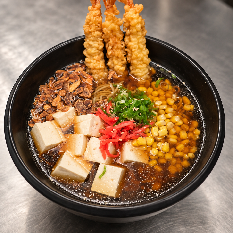 Black bowl of savory broth topped with tofu, corn, mushrooms, scallions, pickled ginger, noodles, and three crispy shrimp.