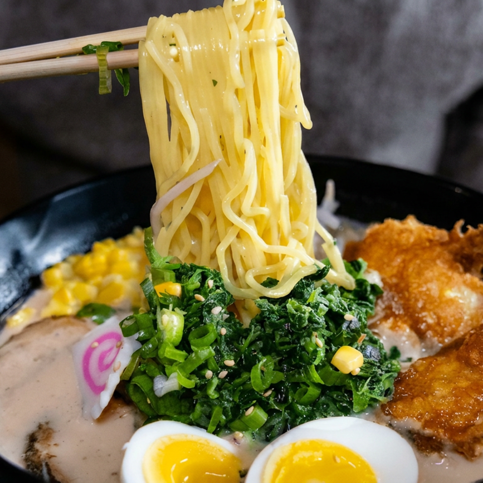 Chopsticks lift noodles from a ramen bowl topped with greens, corn, egg, and crispy fried shrimp.