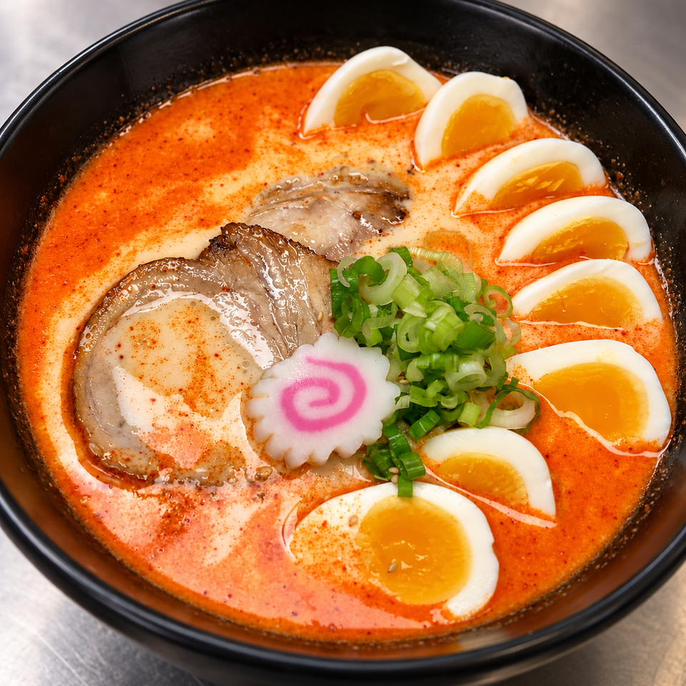Bowl of spicy creamy ramen topped with sliced pork, soft-boiled eggs, green onions, and a pink-swirled fish cake.