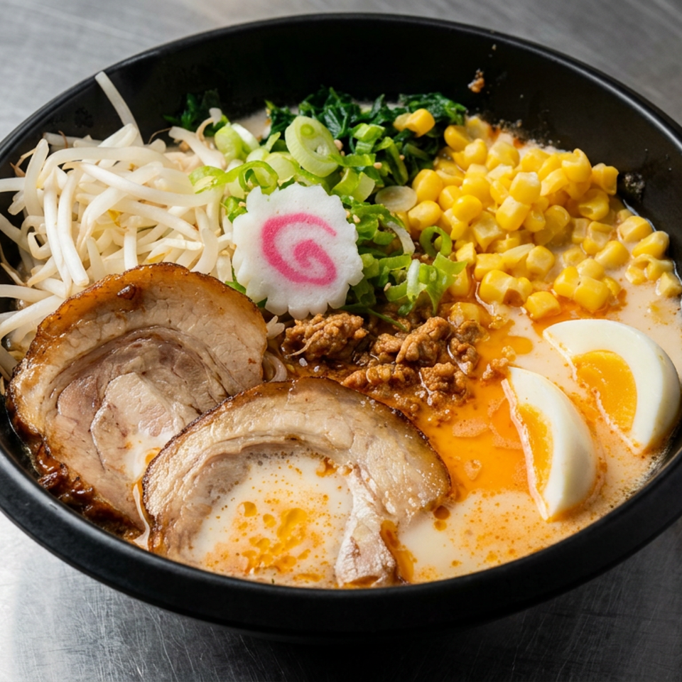 Bowl of creamy ramen topped with pork slices, corn, bean sprouts, green onions, minced meat, egg, and fish cake.