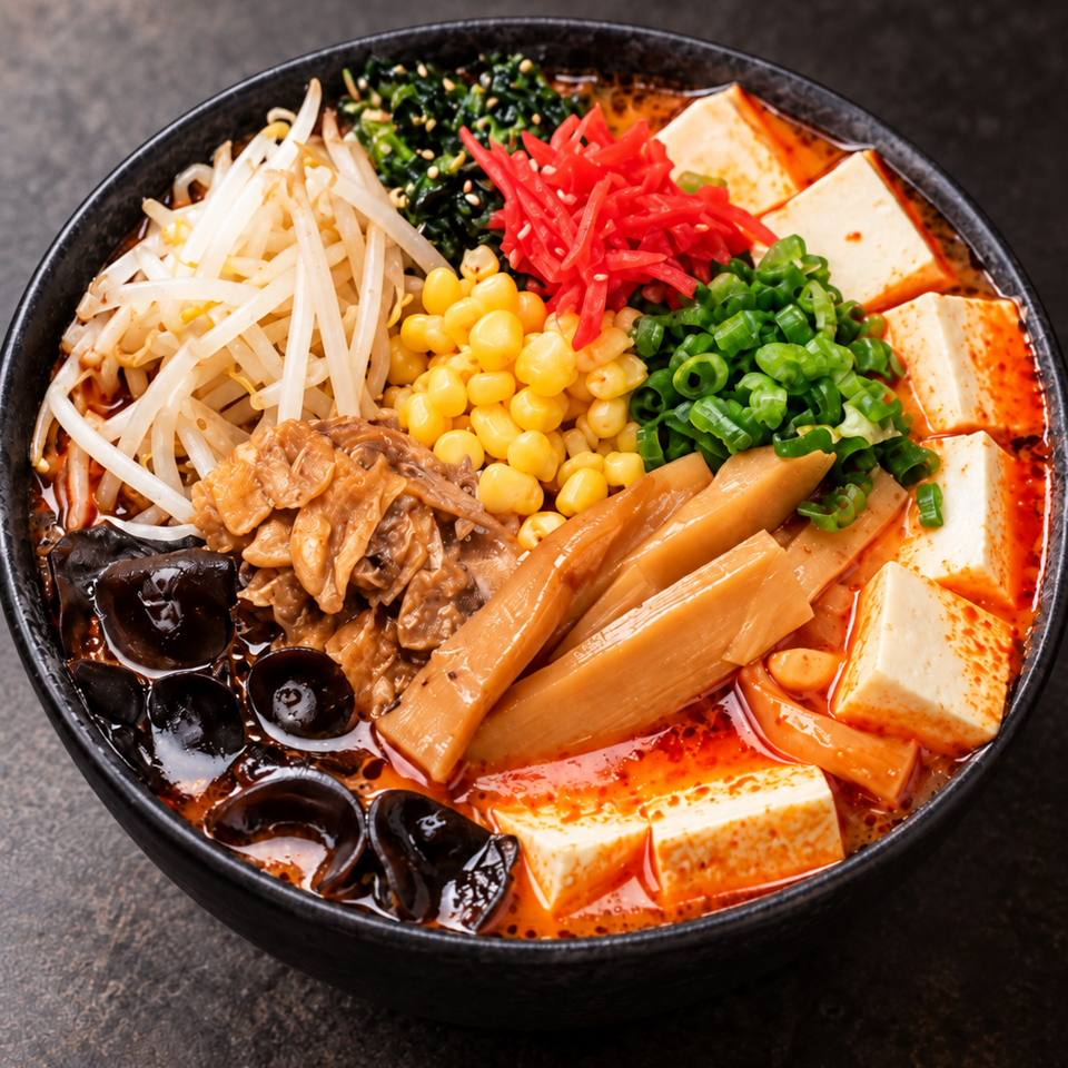 Spicy Asian soup in a black bowl topped with tofu, bean sprouts, corn, mushrooms, bamboo shoots, seaweed, and scallions.