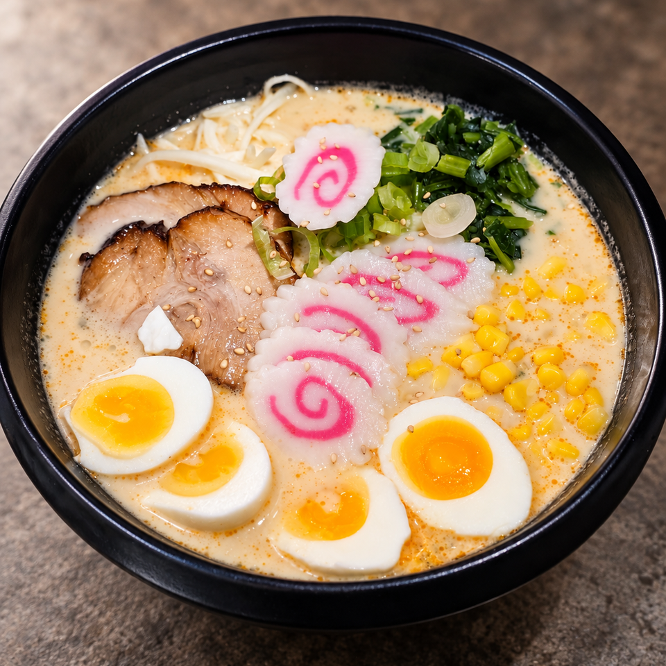 Creamy ramen topped with sliced pork, soft-boiled eggs, narutomaki, corn, mushrooms, greens, and sesame seeds in a black bowl.