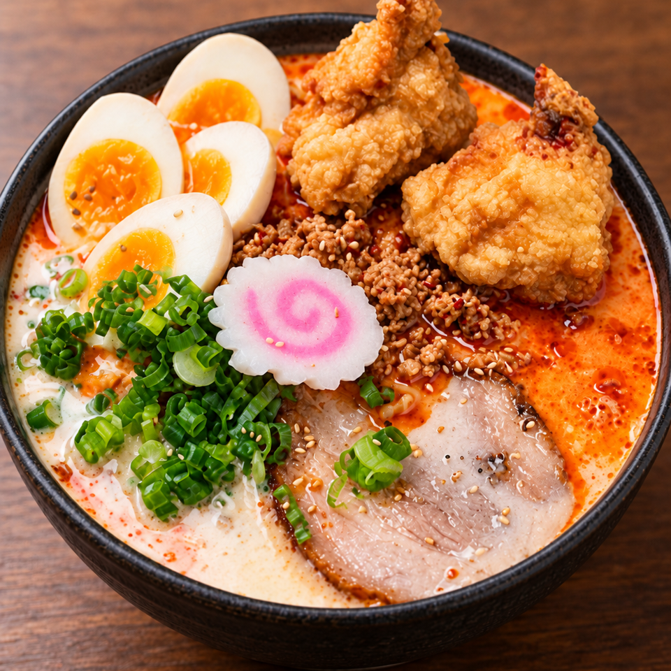 Bowl of spicy ramen topped with fried chicken, soft-boiled eggs, pork slices, green onions, minced meat, and a pink fish cake.