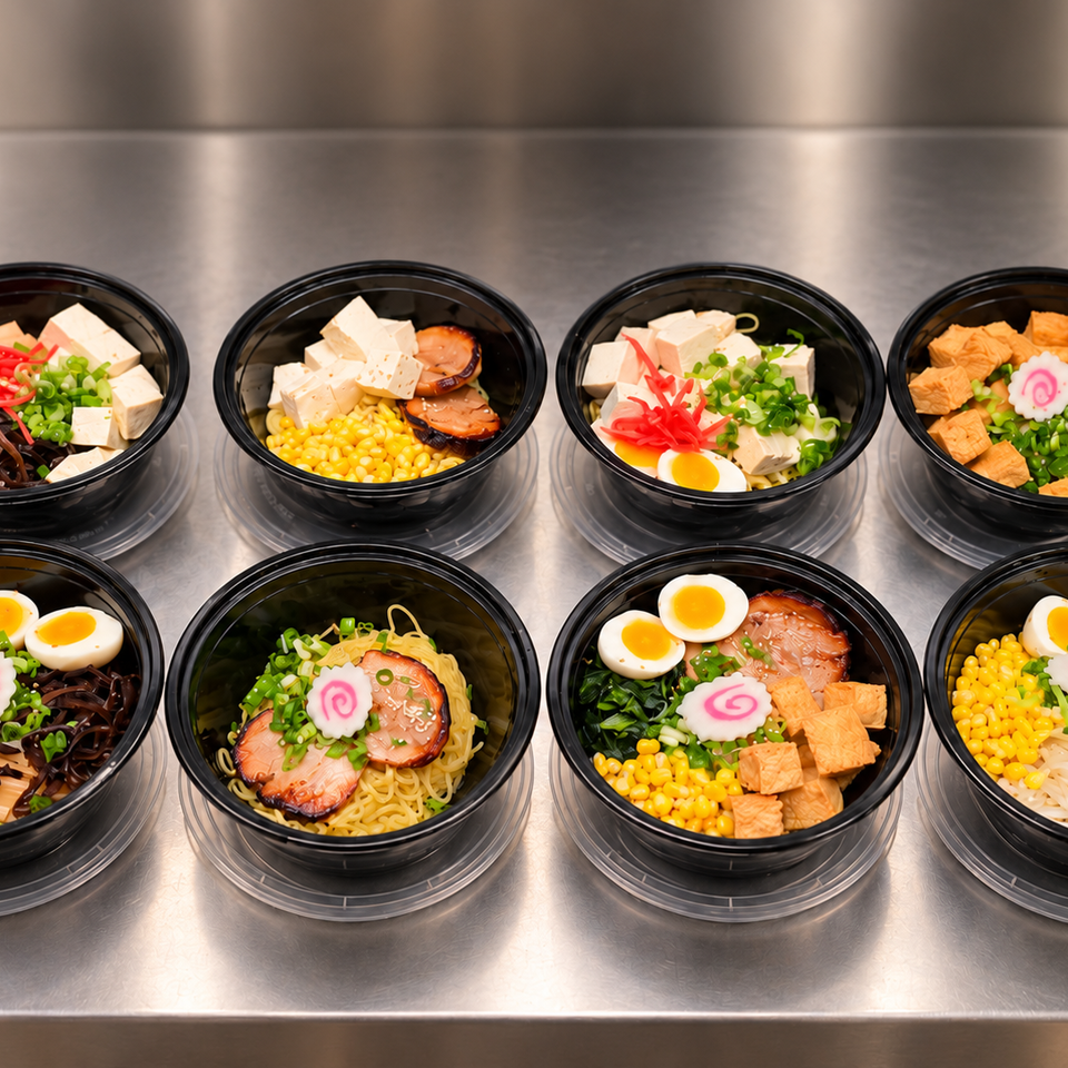 Eight colorful ramen bowls topped with tofu, pork, eggs, corn, vegetables, noodles, and fish cakes on a stainless-steel counter.