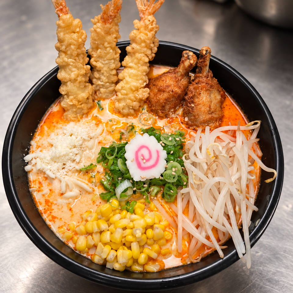 Black bowl of spicy ramen topped with fried shrimp, chicken, corn, bean sprouts, green onions, and fish cake.