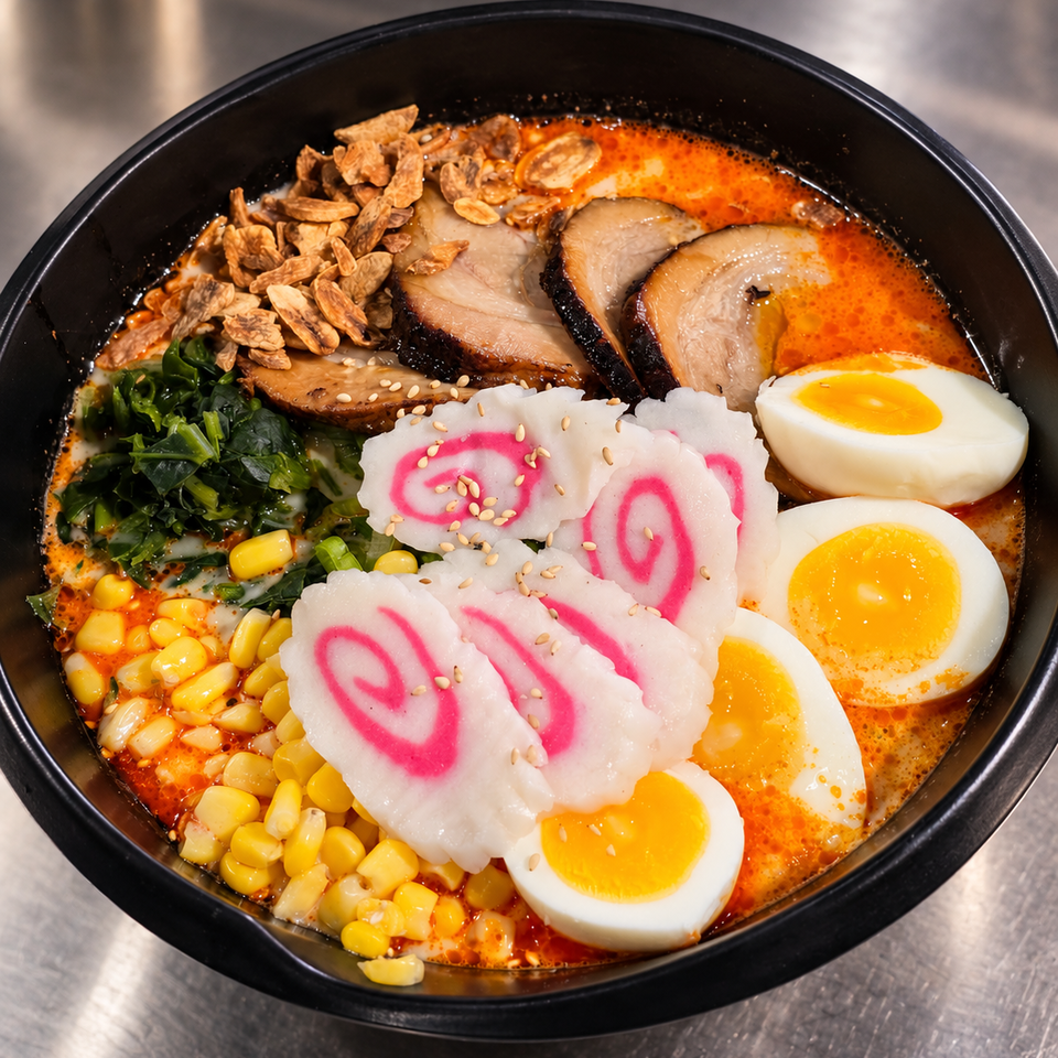 Spicy ramen bowl topped with sliced pork, soft-boiled eggs, corn, greens, garlic chips, sesame, and pink-swirled fish cakes.