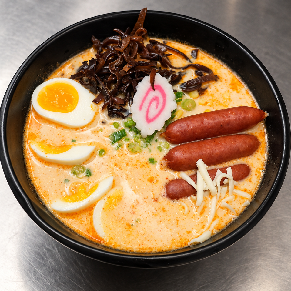 Creamy ramen bowl topped with sliced eggs, sausages, mushrooms, scallions, fish cake, and bean sprouts.