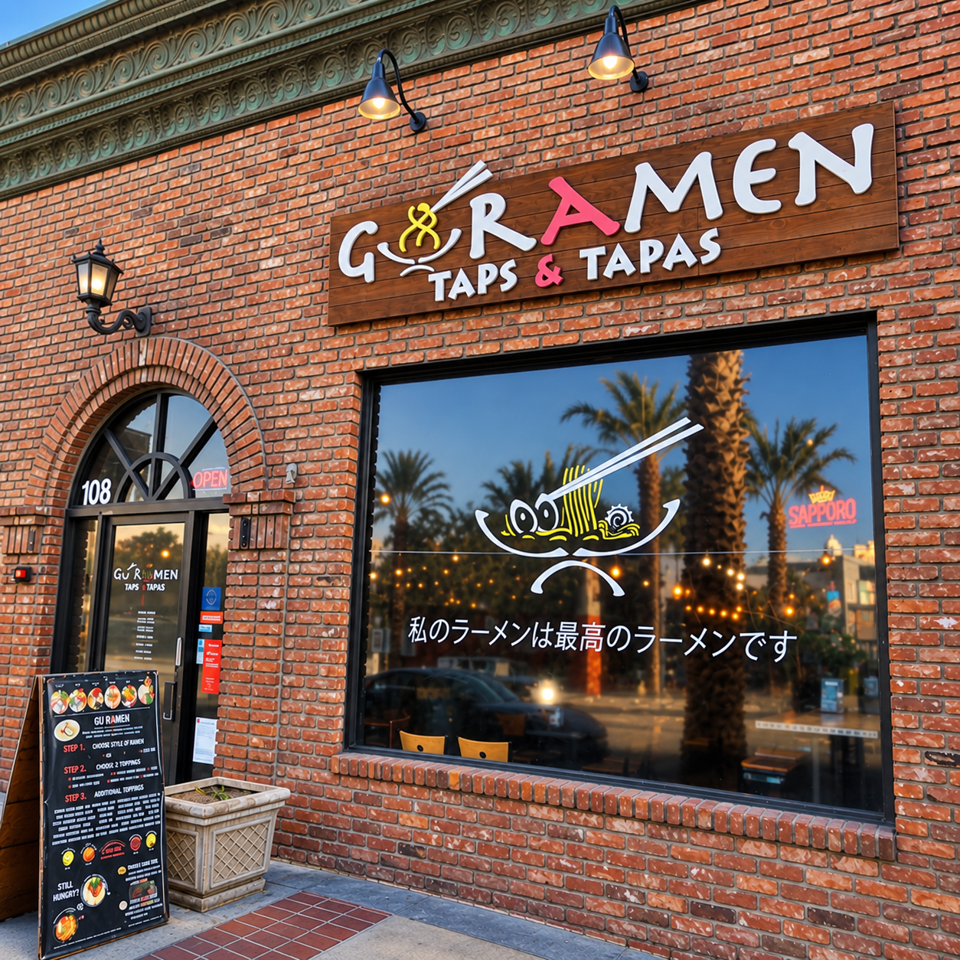 Brick storefront of Guramen Taps & Tapas restaurant with illuminated signage, open entrance, menu board, and ramen window graphic.