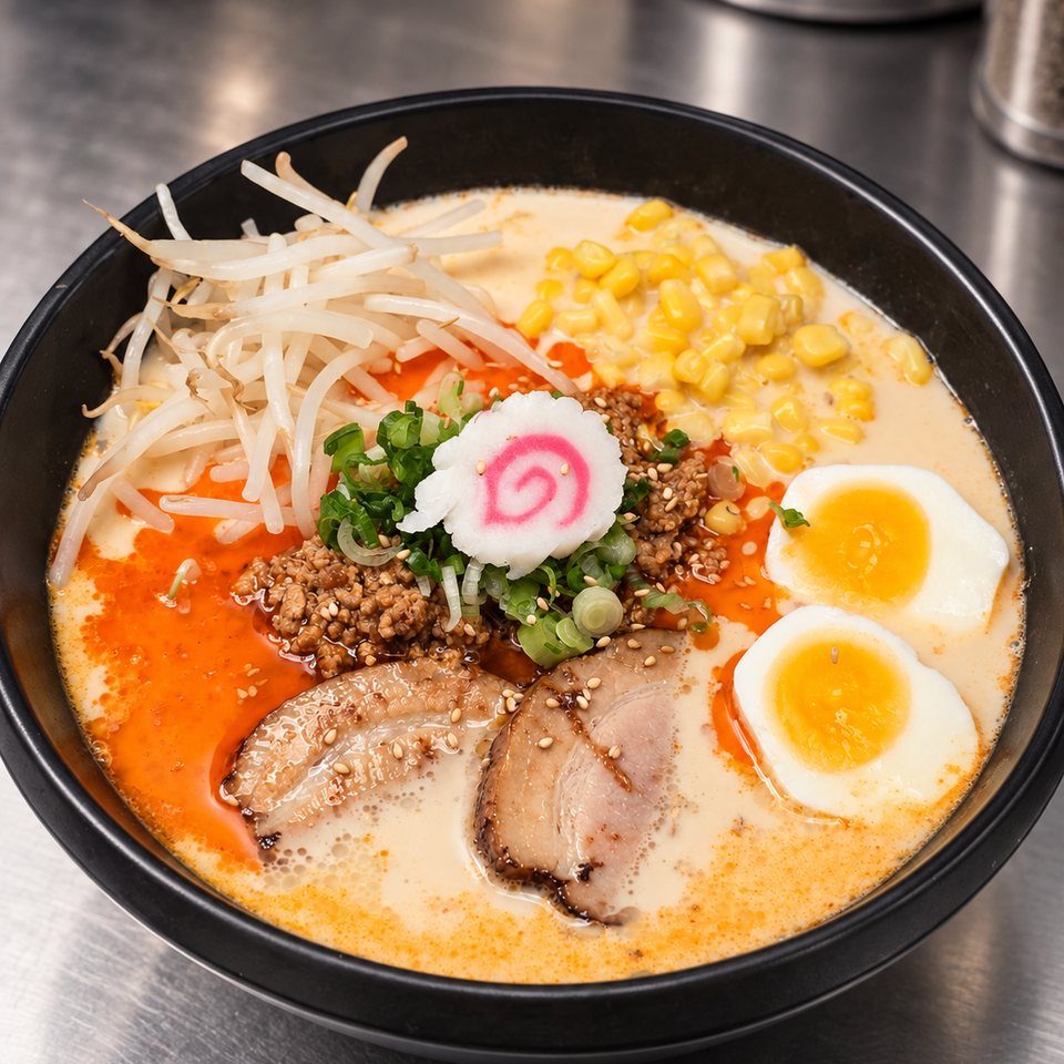Creamy spicy ramen topped with bean sprouts, corn, minced meat, pork slices, soft-boiled eggs, scallions, and fish cake.