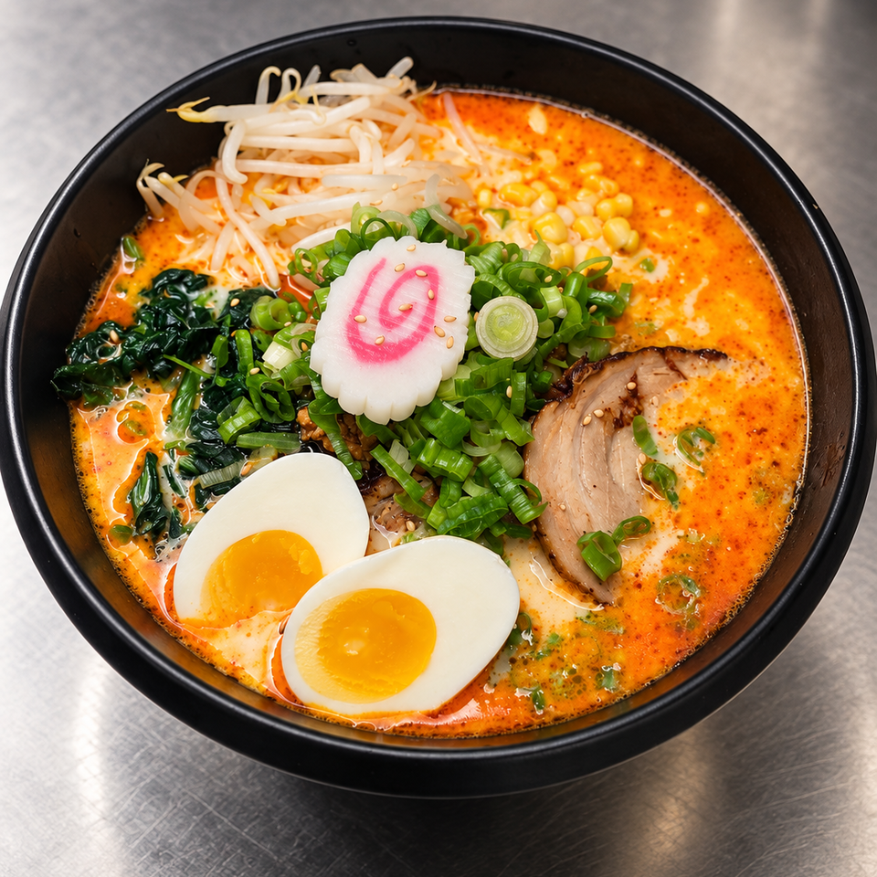 Bowl of spicy ramen topped with pork, soft-boiled eggs, bean sprouts, spinach, scallions, corn, and a decorative fish cake.