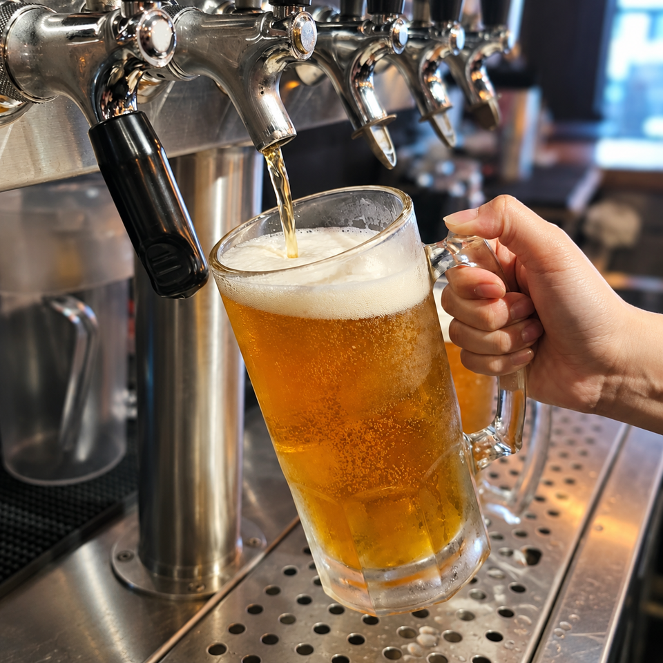 Hand holds a glass mug as golden beer pours from a row of polished bar taps.