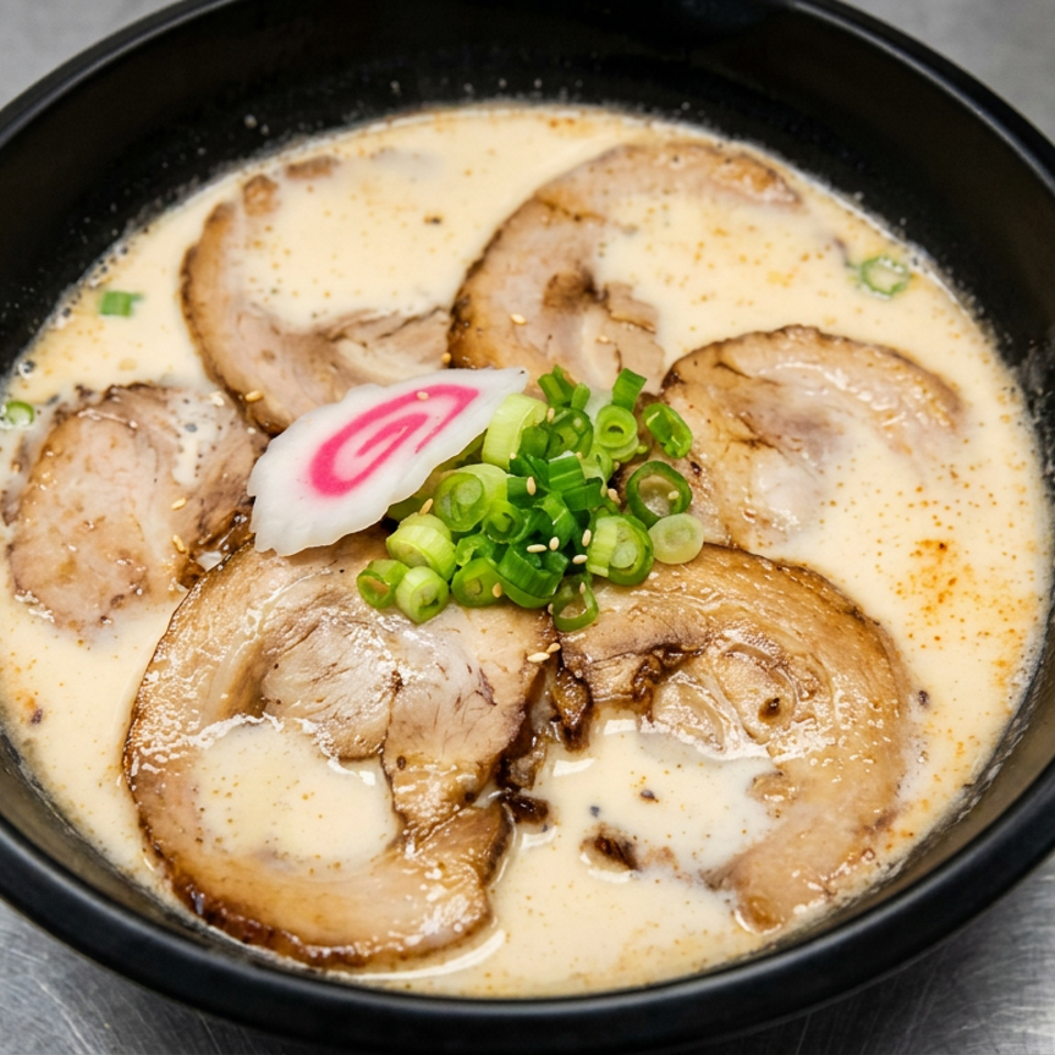 Bowl of creamy ramen topped with sliced pork, green onions, sesame seeds, and a pink-and-white fish cake.