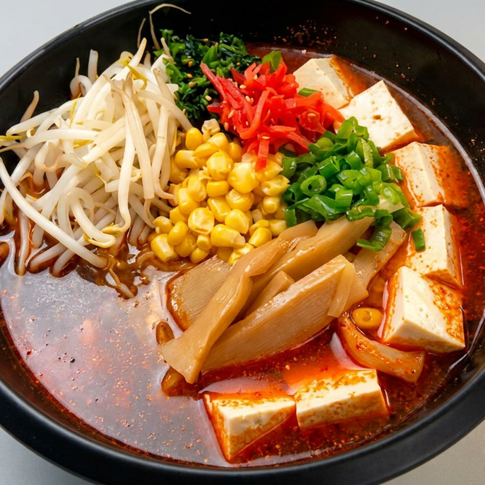 Black bowl of spicy red broth topped with tofu, bean sprouts, corn, bamboo shoots, peppers, and green onions.