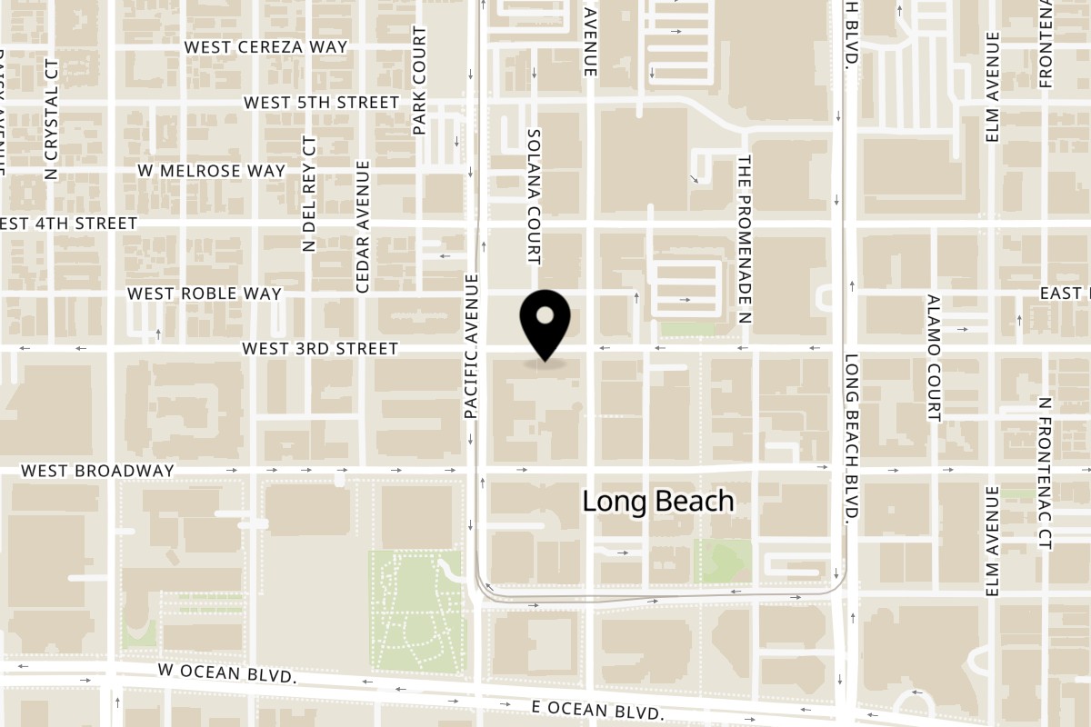 Map showing the location of GU Ramen Taps & Tapas Long Beach on 108 W 3rd St in Long Beach